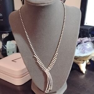 Vintage Silver Rhinestone Crystal Y-Shape Necklace Fashion Costume Jewelry